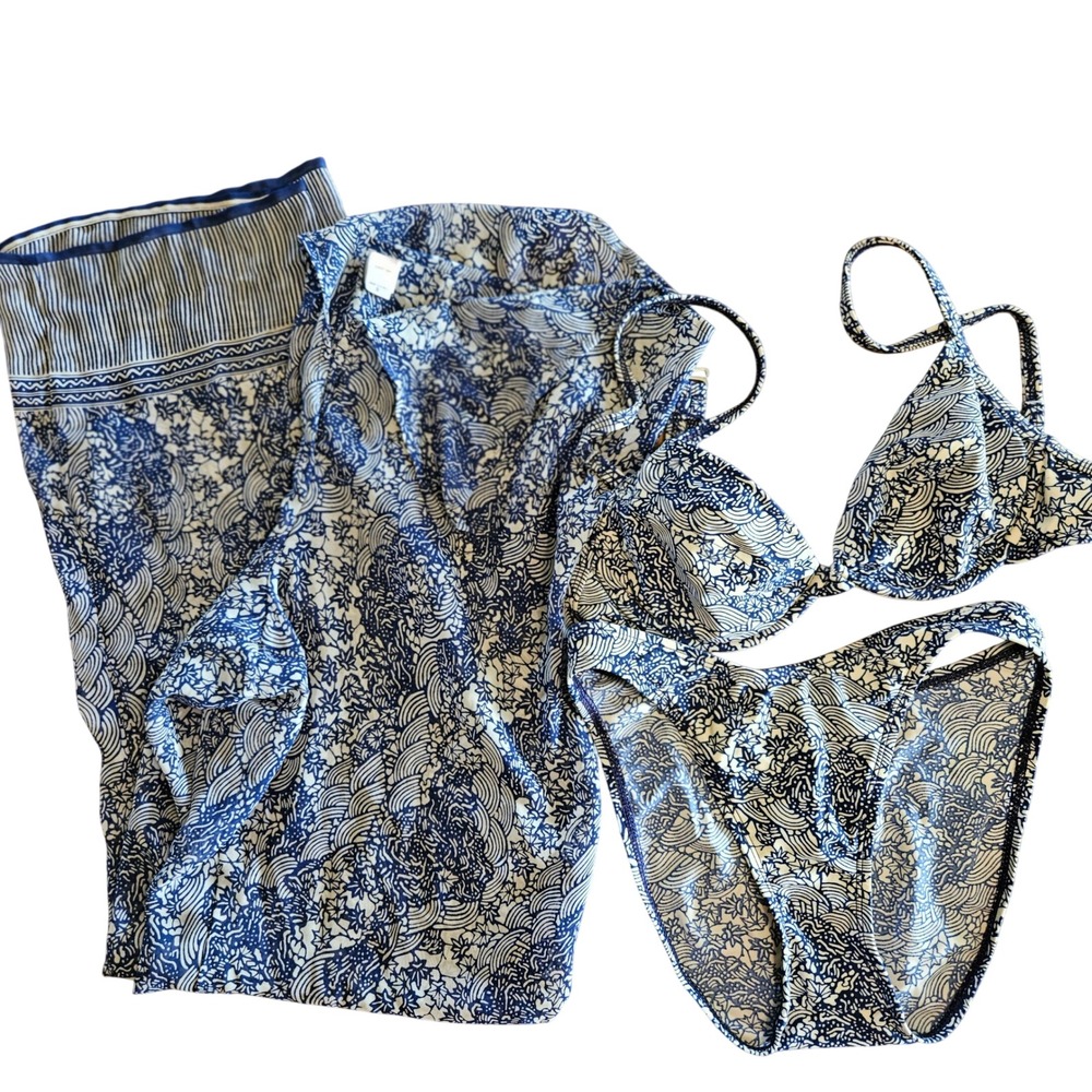 Victoria's Secret 3pc Swimsuit Set 36C Small Blue Wave Bikini Coverup Pants y2k